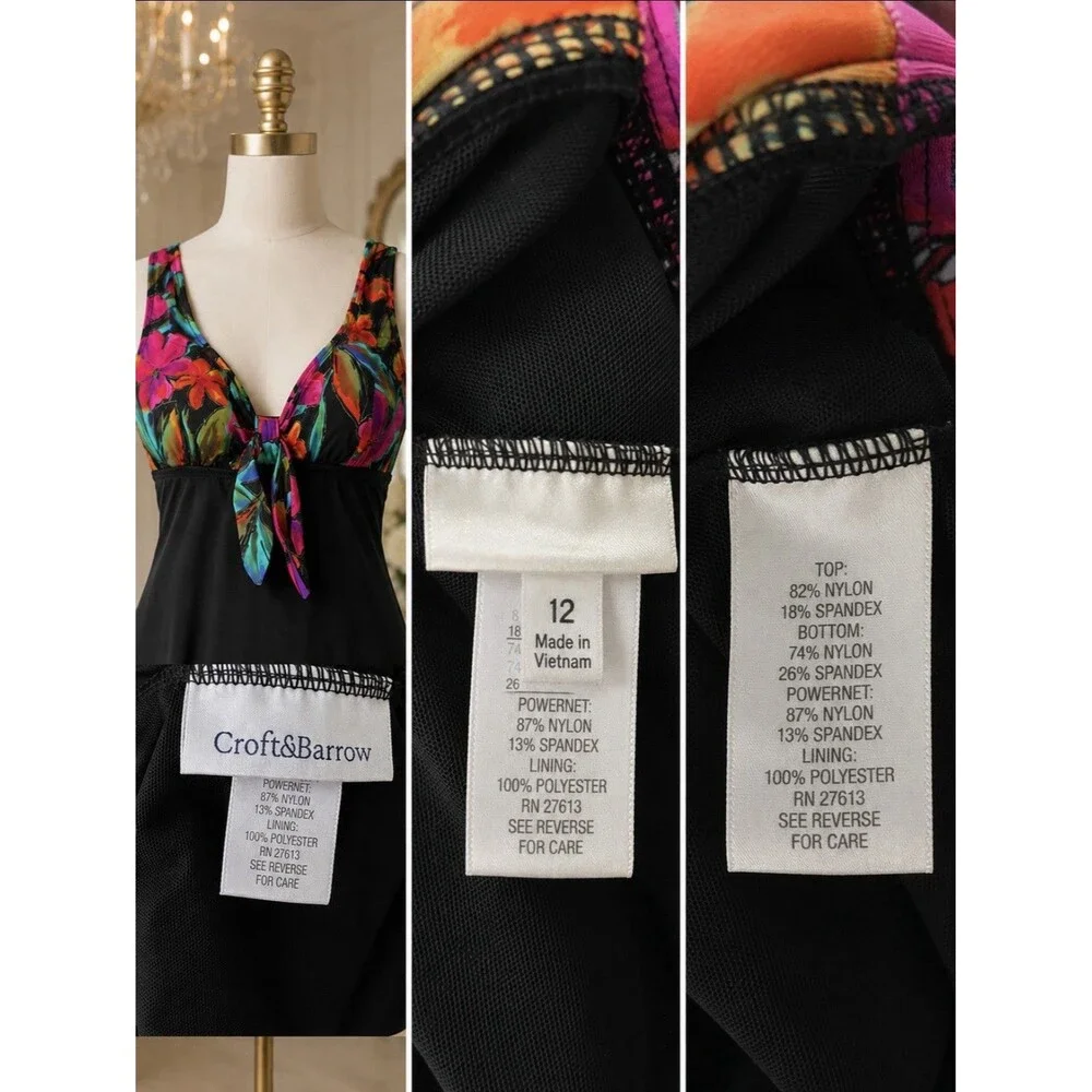 Croft & Barrow Swimdress Sz 12 Black Tropical Floral Shimmer One Piece Swimwe